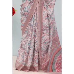 Women's Linen Digital Print Saree With Unstitched Blouse 5.5Mtr (Brown) - Image 3