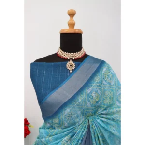 Women's Linen Digital Print Saree With Unstitched Blouse 5.5Mtr (Sky Blue) - Image 4