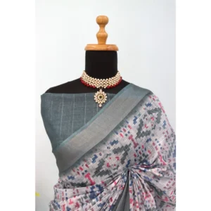 Women's Linen Digital Print Saree With Unstitched Blouse 5.5Mtr (Grey) - Image 4