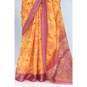 Women's Linen Digital Print Saree With Unstitched Blouse 5.5Mtr (Mustard) - Image 3
