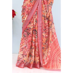 Women's Linen Digital Print Saree With Unstitched Blouse 5.5Mtr (Pink) - Image 3
