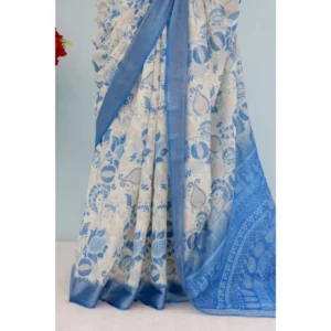 Women's Linen Digital Print Saree With Unstitched Blouse 5.5Mtr (Blue) - Image 3