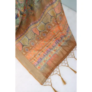Women's Linen Digital Print Saree With Unstitched Blouse 5.5Mtr (Beige) - Image 2
