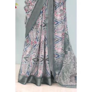 Women's Linen Digital Print Saree With Unstitched Blouse 5.5Mtr (Grey) - Image 3