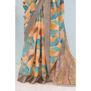 Women's Linen Digital Print Saree With Unstitched Blouse 5.5Mtr (Green) - Image 2