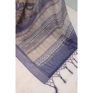 Women's Linen Digital Print Saree With Unstitched Blouse 5.5Mtr (Blue) - Image 2