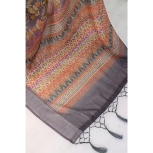 Women's Linen Digital Print Saree With Unstitched Blouse 5.5Mtr (Grey) - Image 4