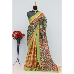 Women's Mysore Silk  Digital Print Saree With Unstitched Blouse 5.5Mtr (Green) - Image 2