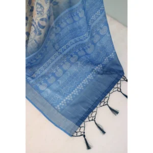 Women's Linen Digital Print Saree With Unstitched Blouse 5.5Mtr (Blue) - Image 2