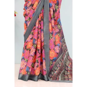 Women's Linen Digital Print Saree With Unstitched Blouse 5.5Mtr (Grey) - Image 3
