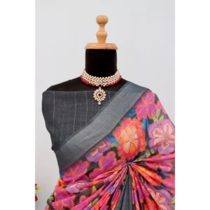 Women's Linen Digital Print Saree With Unstitched Blouse 5.5Mtr (Grey) - Image 4