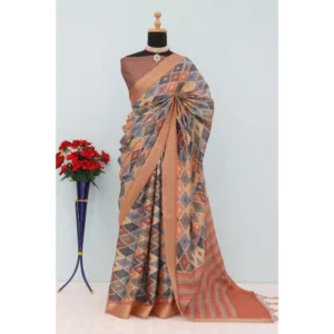 Women's Mysore Silk  Digital Print Saree With Unstitched Blouse 5.5Mtr (Brown) - Image 2