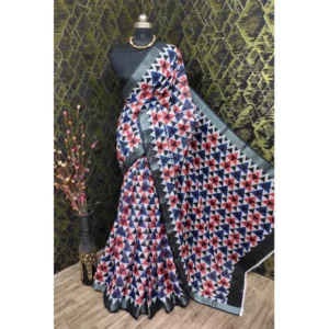 Women's Cotton Linen Printed Saree With Unstitched Blouse 5.5Mtr (Black) - Image 3