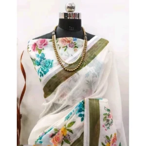 Women's Cotton Linen Printed Saree With Unstitched Blouse 5.5Mtr (Multicolor) - Image 2