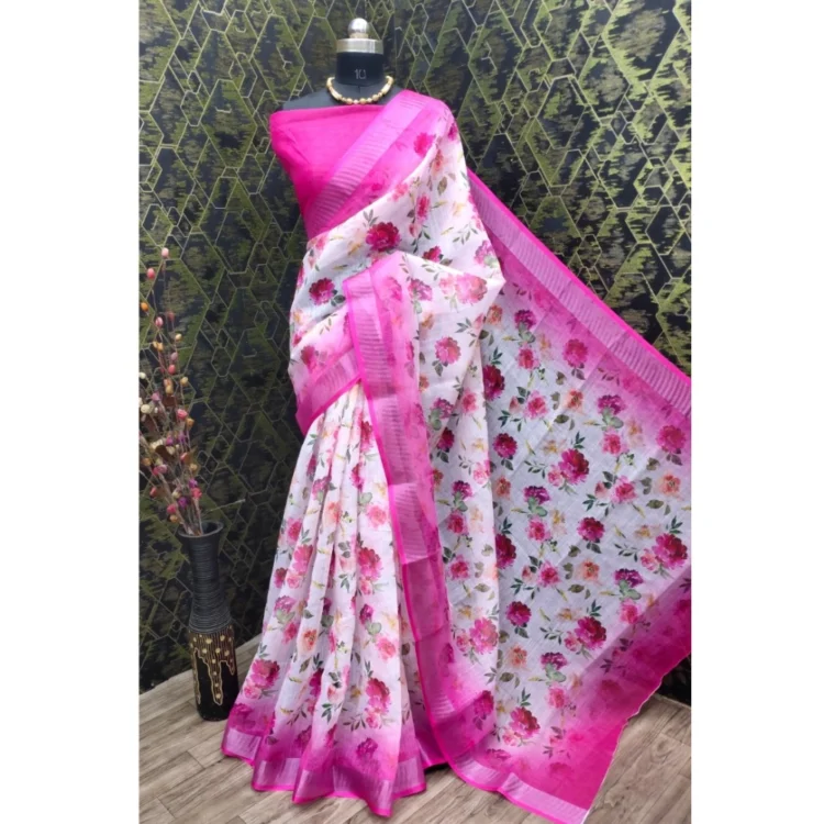 Women's Cotton Linen Woven Design Saree With Unstitched Blouse 5.5Mtr (Pink)