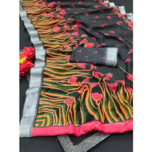 Women's Cotton Linen Digital Print Saree With Unstitched Blouse 5.5Mtr (Black) - Image 4