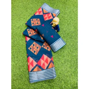 Women's Cotton Linen Digital Print Saree With Unstitched Blouse 5.5Mtr (Blue) - Image 2