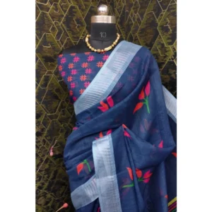 Women's Cotton Linen Digital Print Saree With Unstitched Blouse 5.5Mtr (Blue) - Image 2