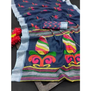 Women's Cotton Linen Digital Print Saree With Unstitched Blouse 5.5Mtr (Blue) - Image 3