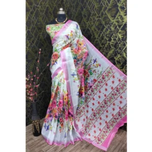 Women's Cotton Linen Printed Saree With Unstitched Blouse 5.5Mtr (Pink) - Image 3