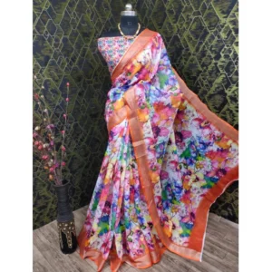 Women's Cotton Linen Printed Saree With Unstitched Blouse 5.5Mtr (Orange) - Image 2