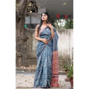 Women's Cotton Linen Printed Saree With Unstitched Blouse 5.5Mtr (Grey) - Image 3