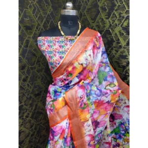 Women's Cotton Linen Printed Saree With Unstitched Blouse 5.5Mtr (Orange) - Image 3