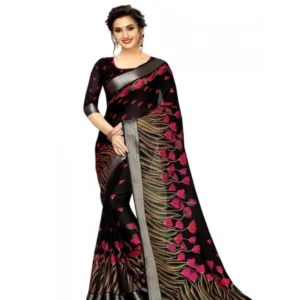 Women's Cotton Linen Digital Print Saree With Unstitched Blouse 5.5Mtr (Black) - Image 2