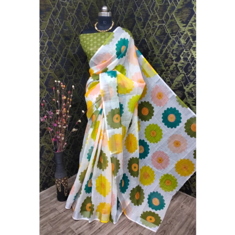 Women's Cotton Linen Woven Design Saree With Unstitched Blouse 5.5Mtr (Green)