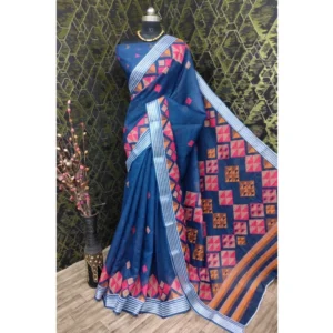 Women's Cotton Linen Digital Print Saree With Unstitched Blouse 5.5Mtr (Blue) - Image 3