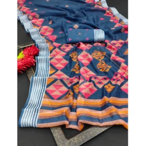 Women's Cotton Linen Digital Print Saree With Unstitched Blouse 5.5Mtr (Blue) - Image 4