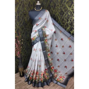Women's Cotton Linen Woven Design Saree With Unstitched Blouse 5.5Mtr (Black) - Image 2