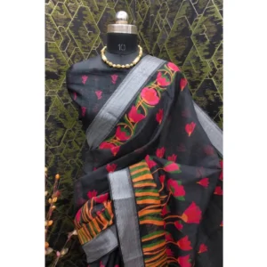 Women's Cotton Linen Digital Print Saree With Unstitched Blouse 5.5Mtr (Black) - Image 3