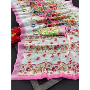 Women's Cotton Linen Printed Saree With Unstitched Blouse 5.5Mtr (Pink) - Image 2
