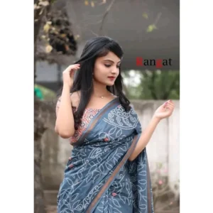 Women's Cotton Linen Printed Saree With Unstitched Blouse 5.5Mtr (Grey) - Image 2