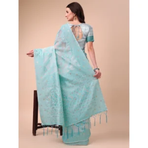 Women's Cotton Printed Saree With Unstitched Blouse 5.5Mtr (Sky Blue) - Image 3