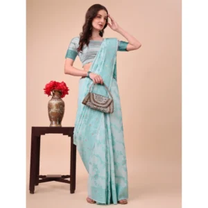 Women's Cotton Printed Saree With Unstitched Blouse 5.5Mtr (Sky Blue) - Image 2