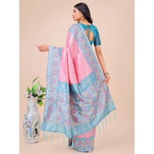 Women's Lichi Silk Printed Saree With Unstitched Blouse 5.5Mtr (Pink) - Image 3