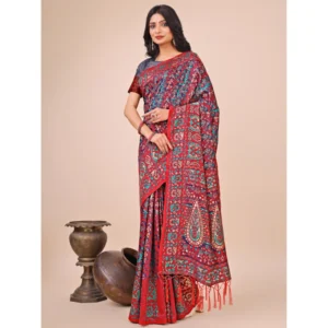 Women's Cotton Printed Saree With Unstitched Blouse 5.5Mtr (Pink) - Image 2