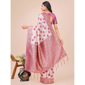 Women's Linen Cotton Printed Saree With Unstitched Blouse 5.5Mtr (Magenta) - Image 3