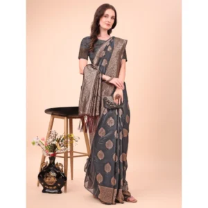 Women's Cotton Printed Saree With Unstitched Blouse 5.5Mtr (Black) - Image 2