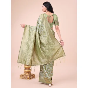Women's Cotton Printed Saree With Unstitched Blouse 5.5Mtr (Mhendi Green) - Image 3