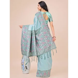Women's Lichi Silk Printed Saree With Unstitched Blouse 5.5Mtr (Teal) - Image 3