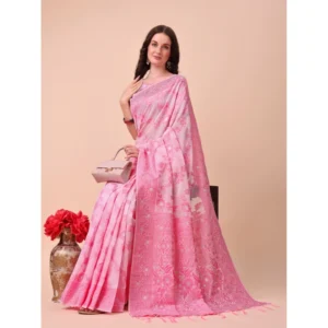 Women's Cotton Printed Saree With Unstitched Blouse 5.5Mtr (Pink) - Image 2