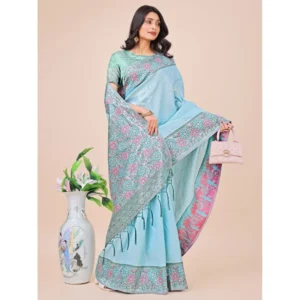Women's Lichi Silk Printed Saree With Unstitched Blouse 5.5Mtr (Teal) - Image 2