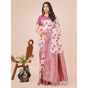 Women's Linen Cotton Printed Saree With Unstitched Blouse 5.5Mtr (Magenta) - Image 2