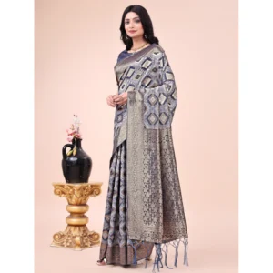 Women's Cotton Printed Saree With Unstitched Blouse 5.5Mtr (Navy Blue) - Image 2
