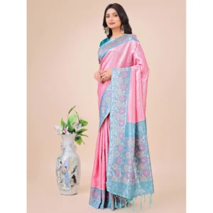 Women's Lichi Silk Printed Saree With Unstitched Blouse 5.5Mtr (Pink) - Image 2