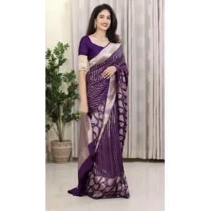 Women's Silk Printed Saree With Unstitched Blouse 5.5Mtr (Purple) - Image 2