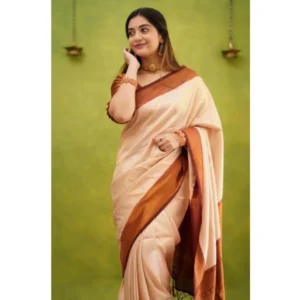 Women's Silk Printed Saree With Unstitched Blouse 5.5Mtr (Cream) - Image 3